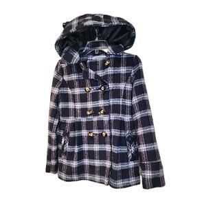 London Fog Girls Coat Size 14-16 Navy Blue Purple Plaid Hooded Peacoat